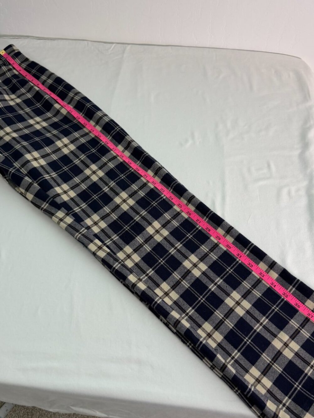 Brandy Melville Plaid Pants Navy Cream Tartan Straight Leg Preppy Academia - Picture 5 of 10